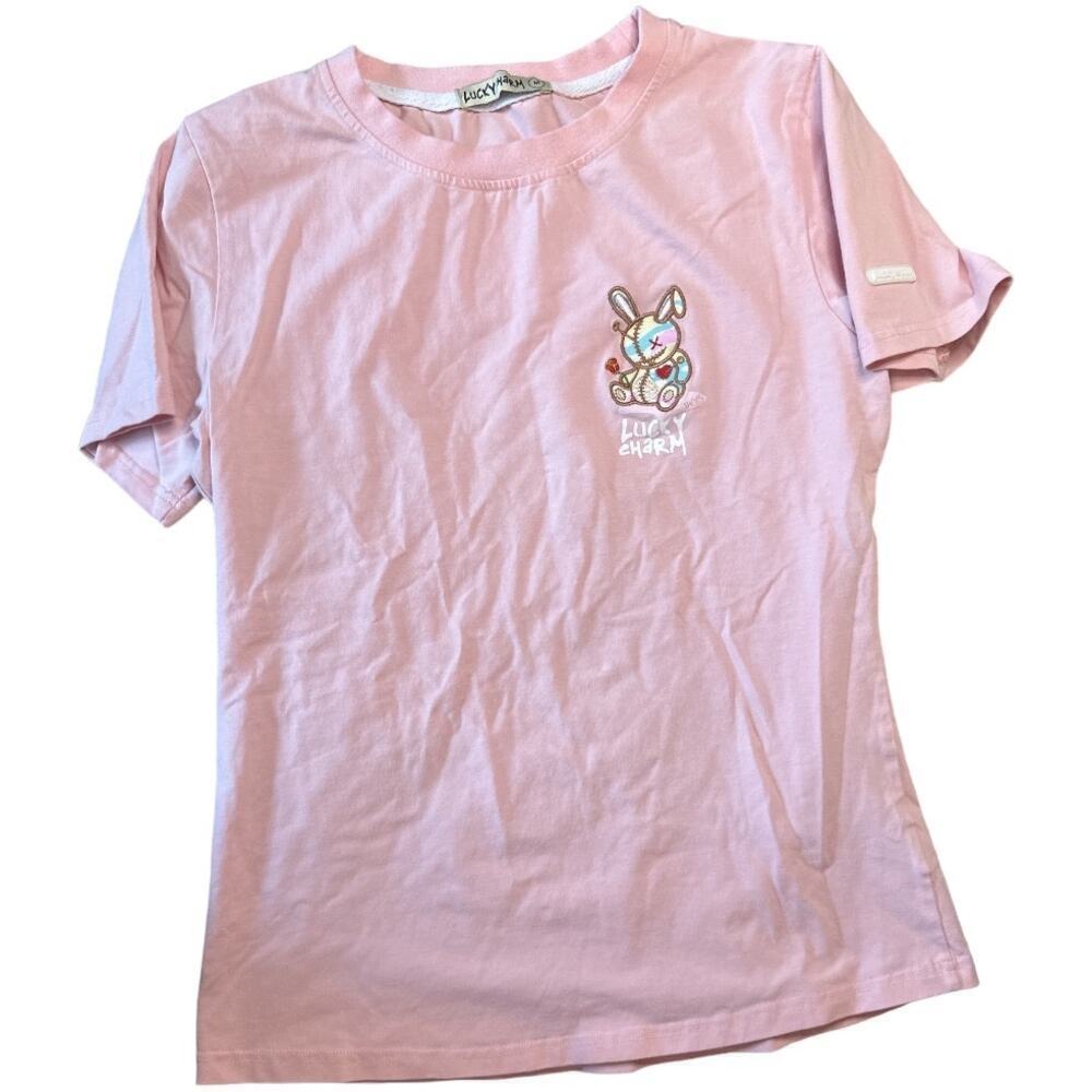 Lucky Charm Pink Tee Shirt With Embrodered Bunny Women's Size M